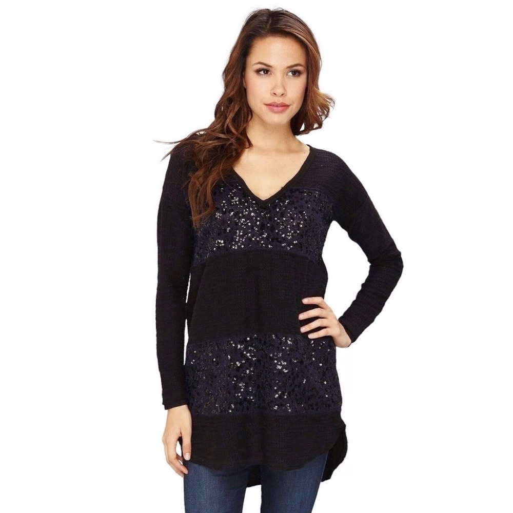 Free People Sequin Navy Blue Oversized V-Neck Long Sleeve Formal Sweater Medium‎